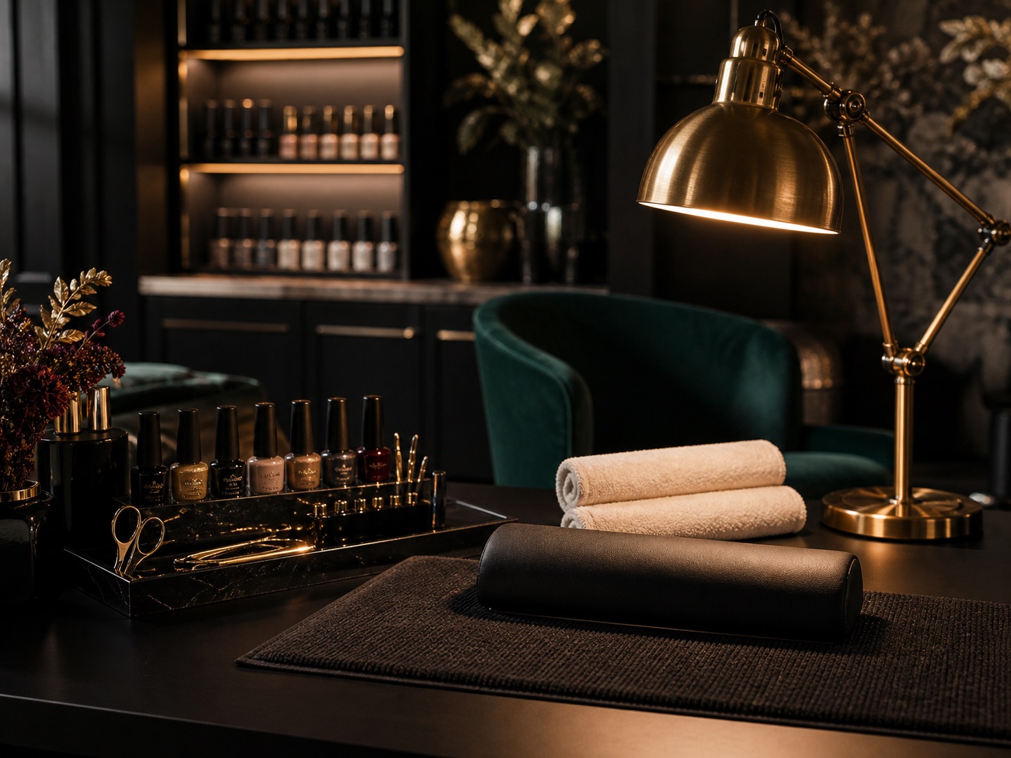Curated polish colors and sample tips on a black marble tray