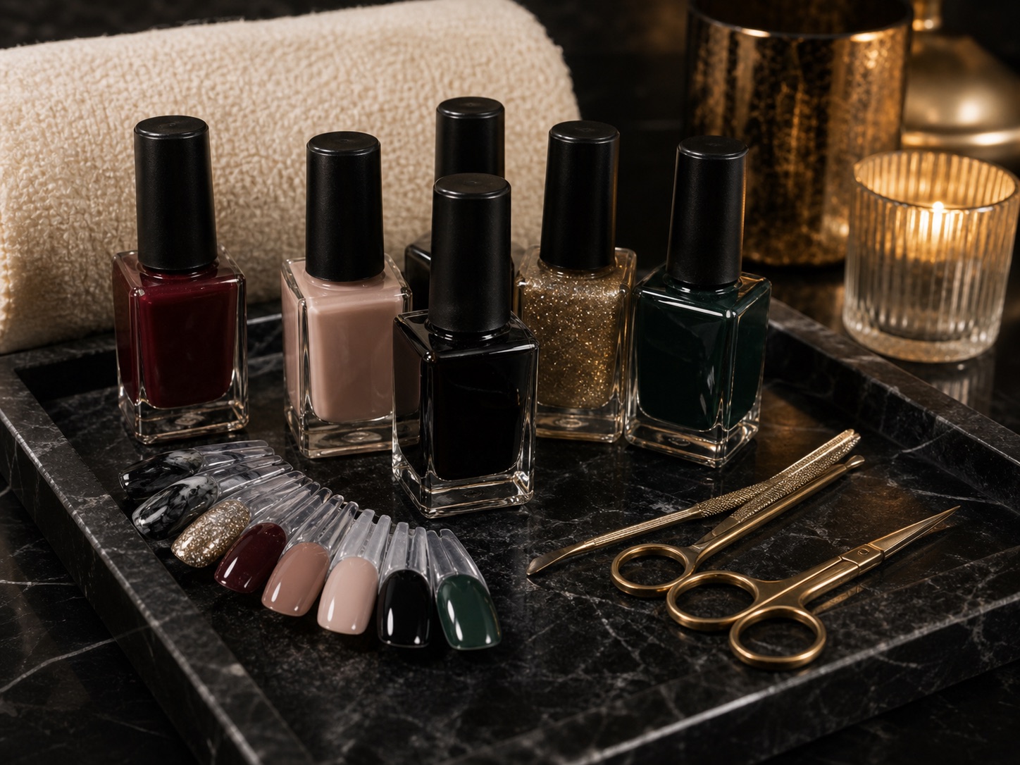 Luxury nail salon manicure station with polish bottles and warm brass lighting